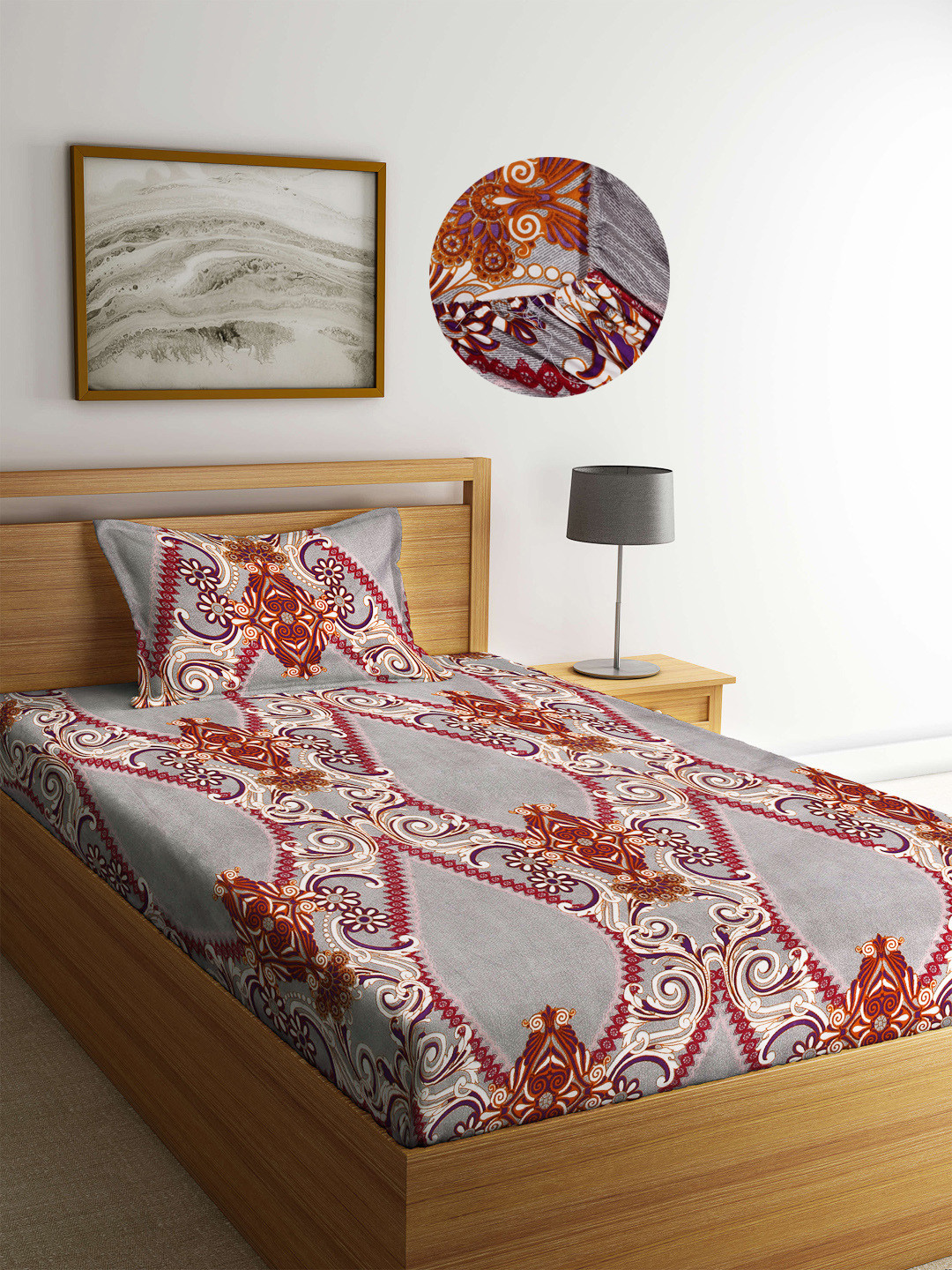 Arrabi Indian Grey Ethnic Motifs Polycotton 300 TC Fitted Single Fine Bedsheet with a Pillow Cover-87 x 59 inches