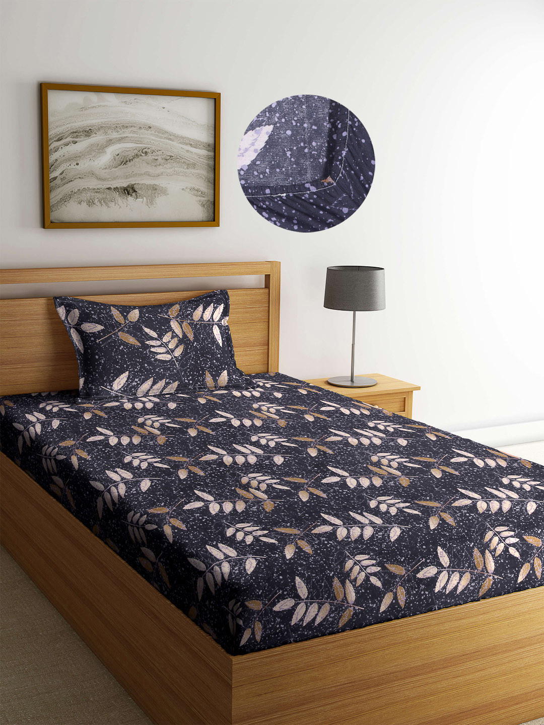 Arrabi Black Leaf Cotton Skin-Friendly 300 TC Fitted Single Fine Bedsheet with a Pillow Cover-87 x 59 inches