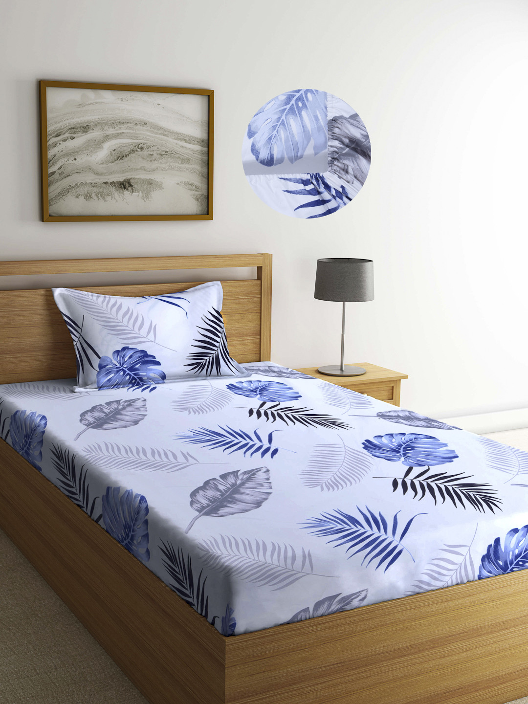Arrabi White Leaf Polycotton 300 TC Fitted Single Fine Bedsheet with a Pillow Cover-87 x 59 inches