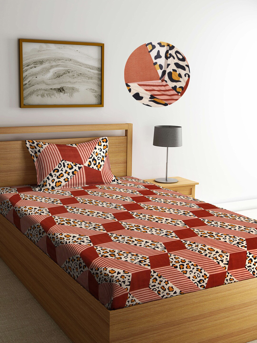 Arrabi Brown Abstract Cotton 300 TC Fitted Single Fine Bedsheet with a Pillow Cover-98 x 85 inches