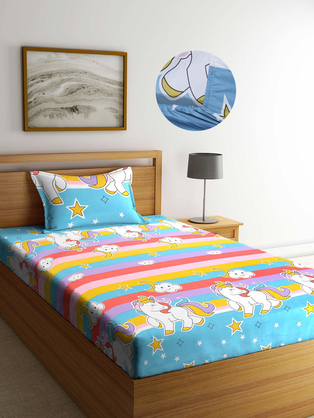 Arrabi Blue Cartoon Characters Cotton Skin-Friendly 300 TC Fitted Single Fine Bedsheet with a Pillow Cover-87 x 59 inches