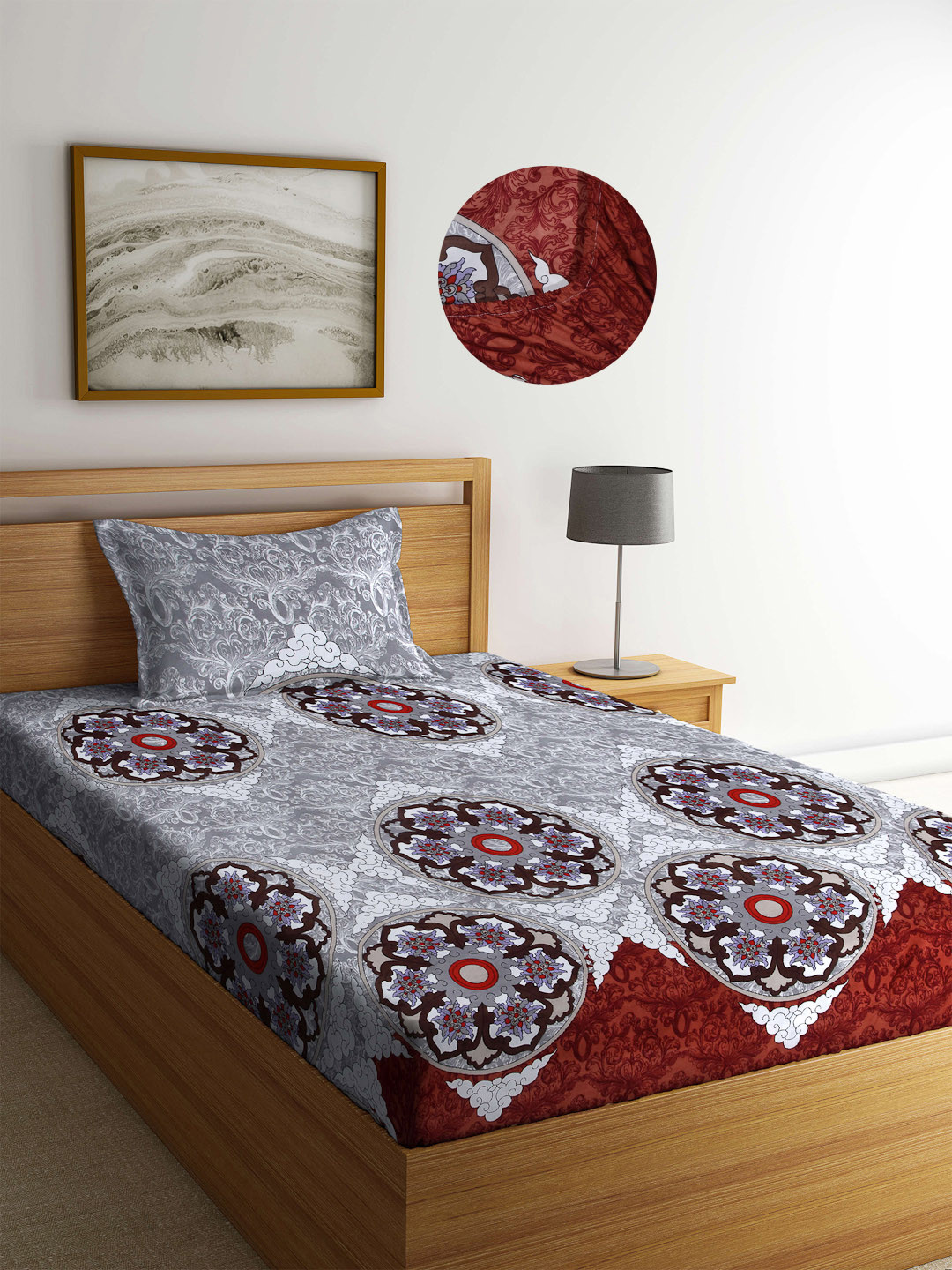 Arrabi Grey Ethnic Motifs Polycotton 300 TC Fitted Single Fine Bedsheet with a Pillow Cover-87 x 59 inches