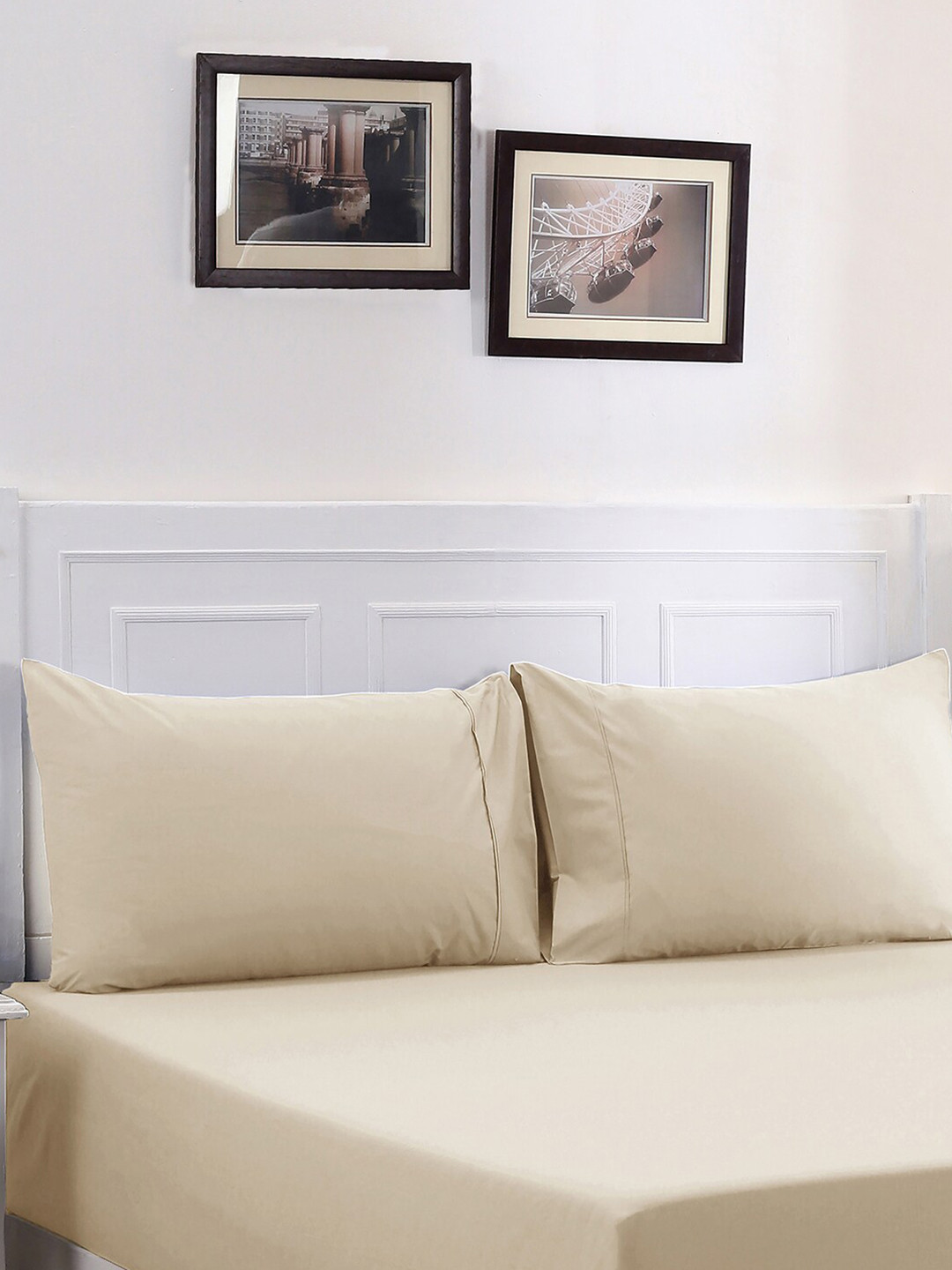 MASPAR Unisex Beige Printed 200 TC Cotton 1 Fitted Queen Bedsheet with 2 Pillow Cover