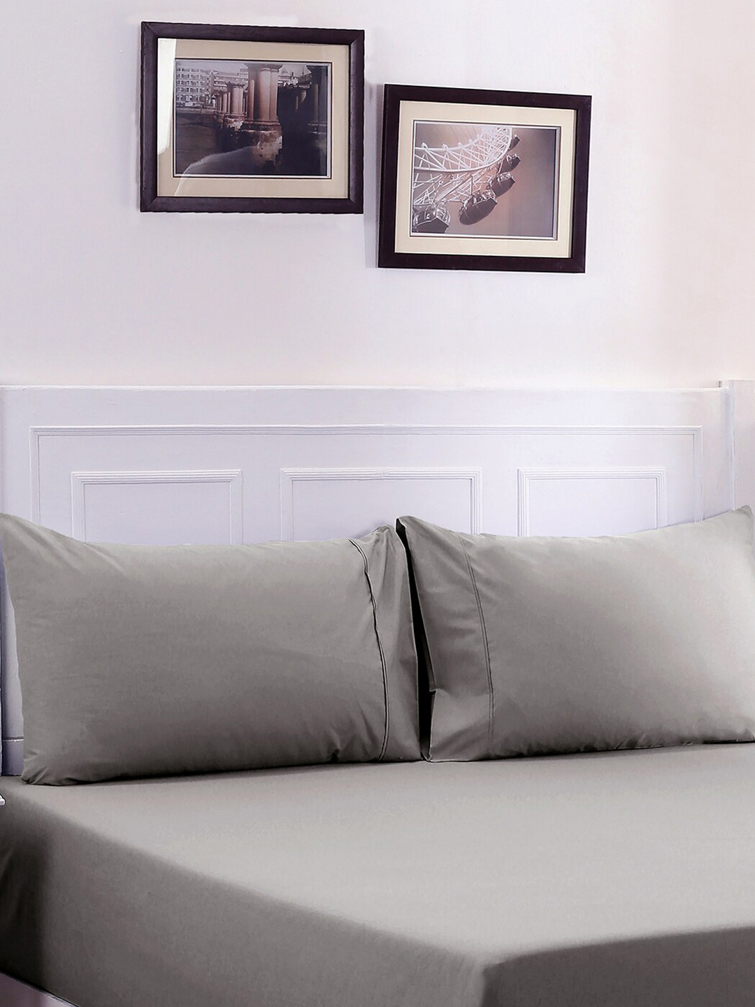 MASPAR Colorart Slumber Grey Pure Cotton 200 TC Fitted Queen Fine Bedsheet with 2 Pillow Covers-90 x 60 inches