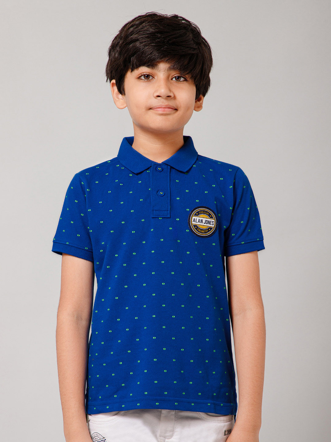 Alan Jones Boys Blue Polka Dots Printed Polo Collar Applique T-shirt