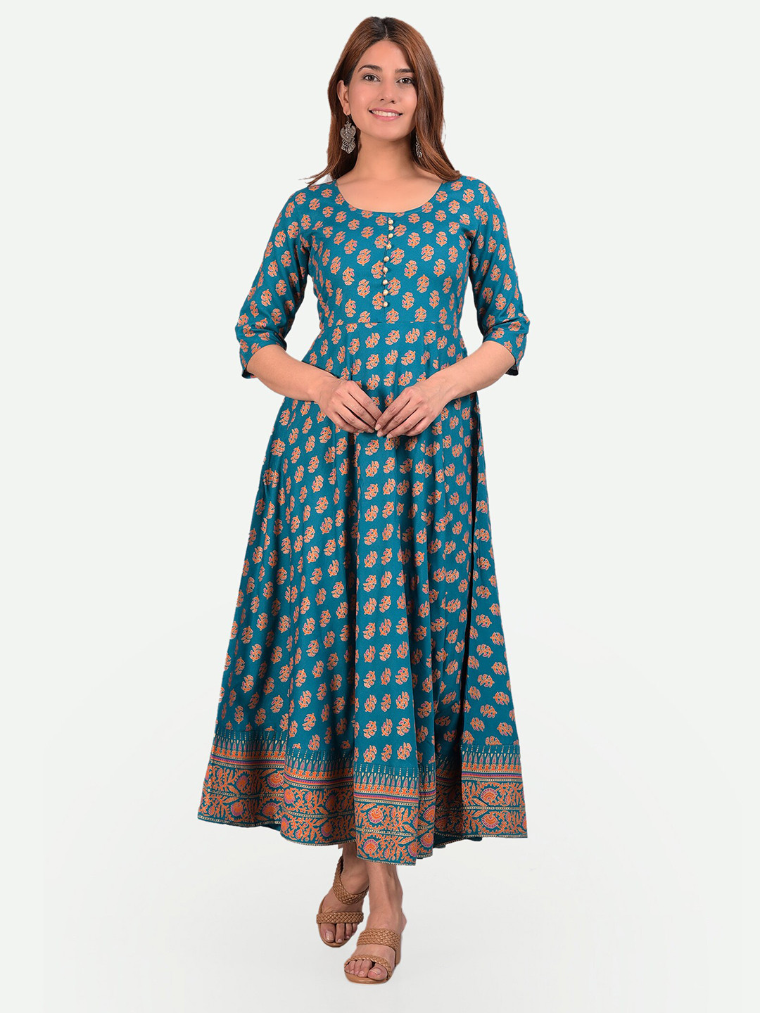 Glorious Women Teal Green & Orange Ethnic Motifs Printed Anarkali Kurta