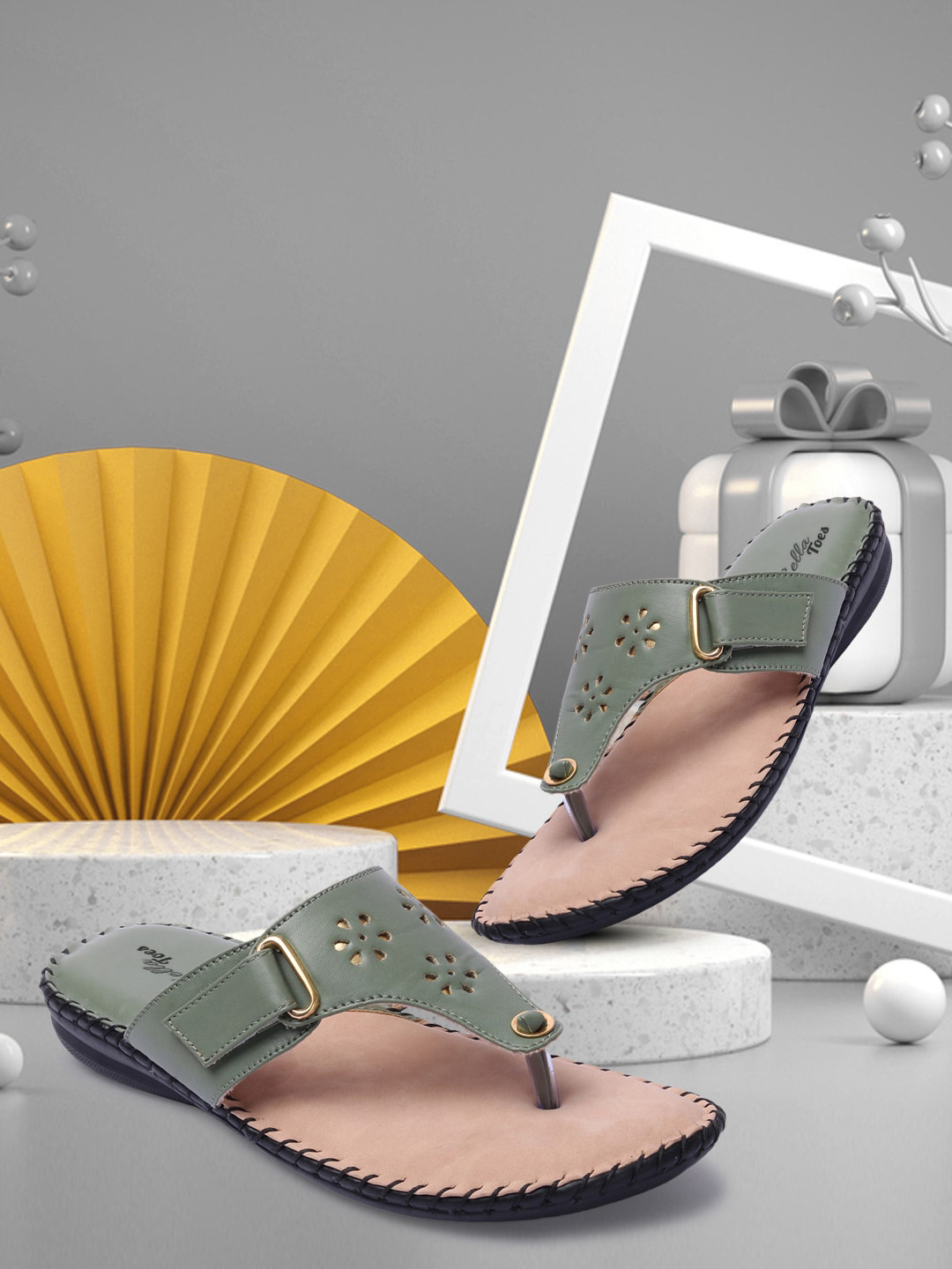 Bella Toes Women Green T-Strap Flats with Laser Cuts