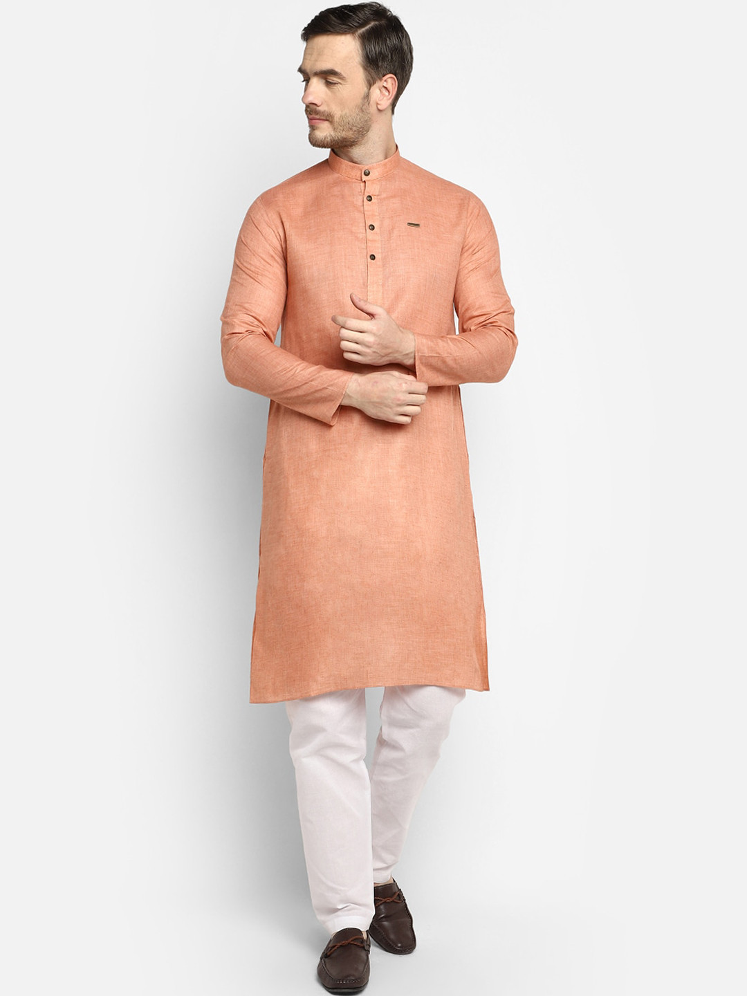 DEVOILER Men Orange Straight Cotton Kurta