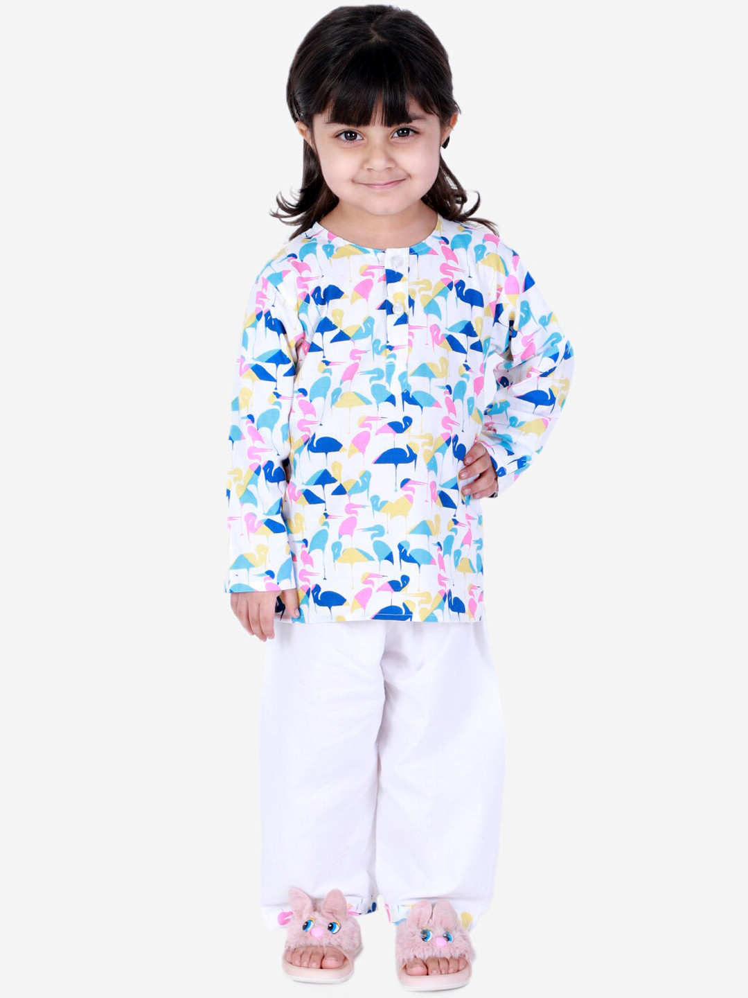 BownBee Girls White & Blue Printed Cotton Night suit