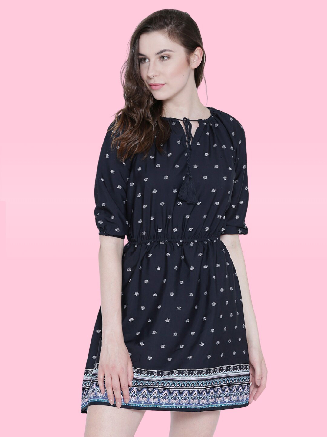 Sera Navy Blue Geometric Print Mini A-Line Dress