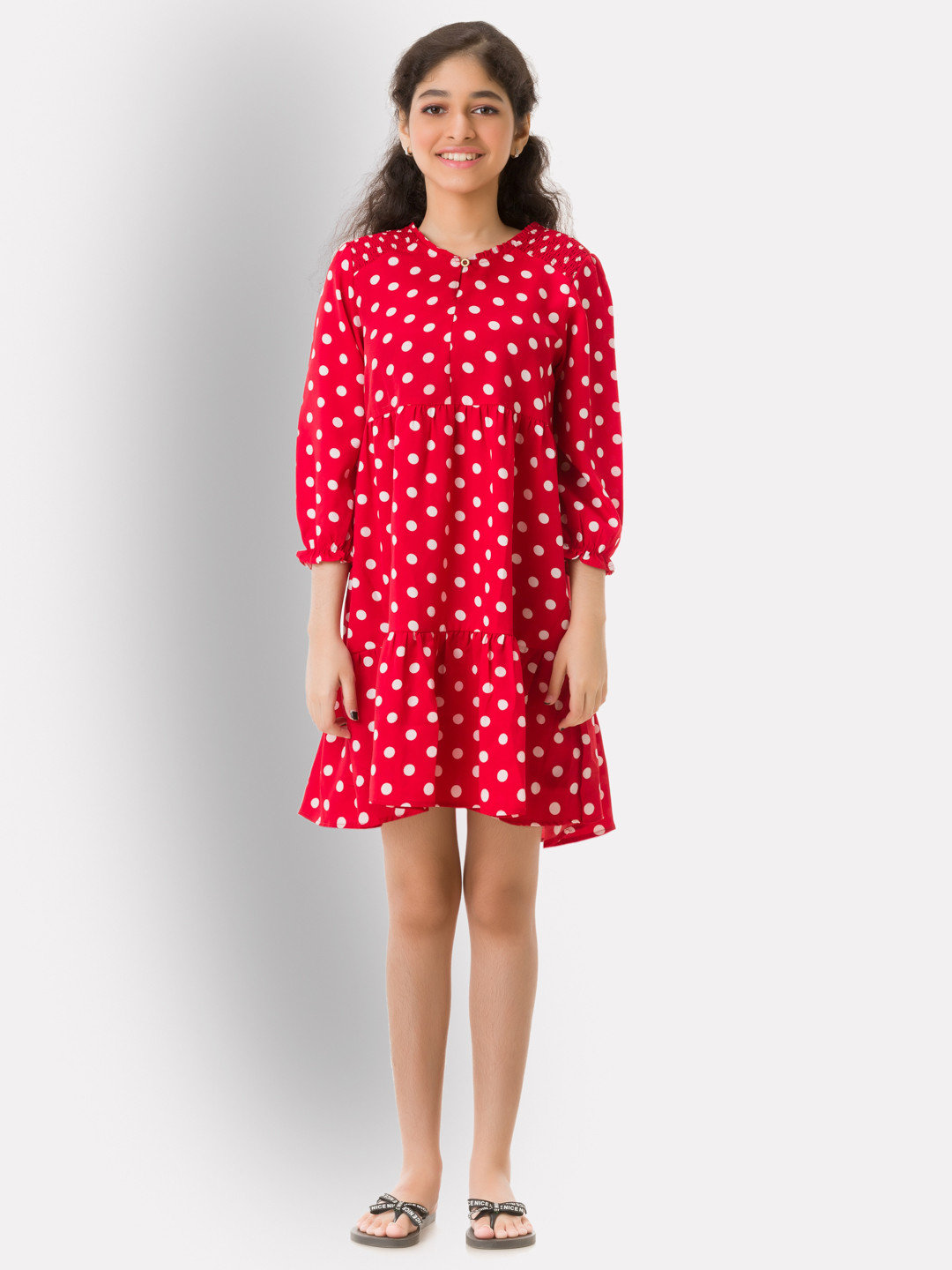 Uptownie Lite Girls Red Crepe Polka Dot Knee Length A-Line Tiered Dress