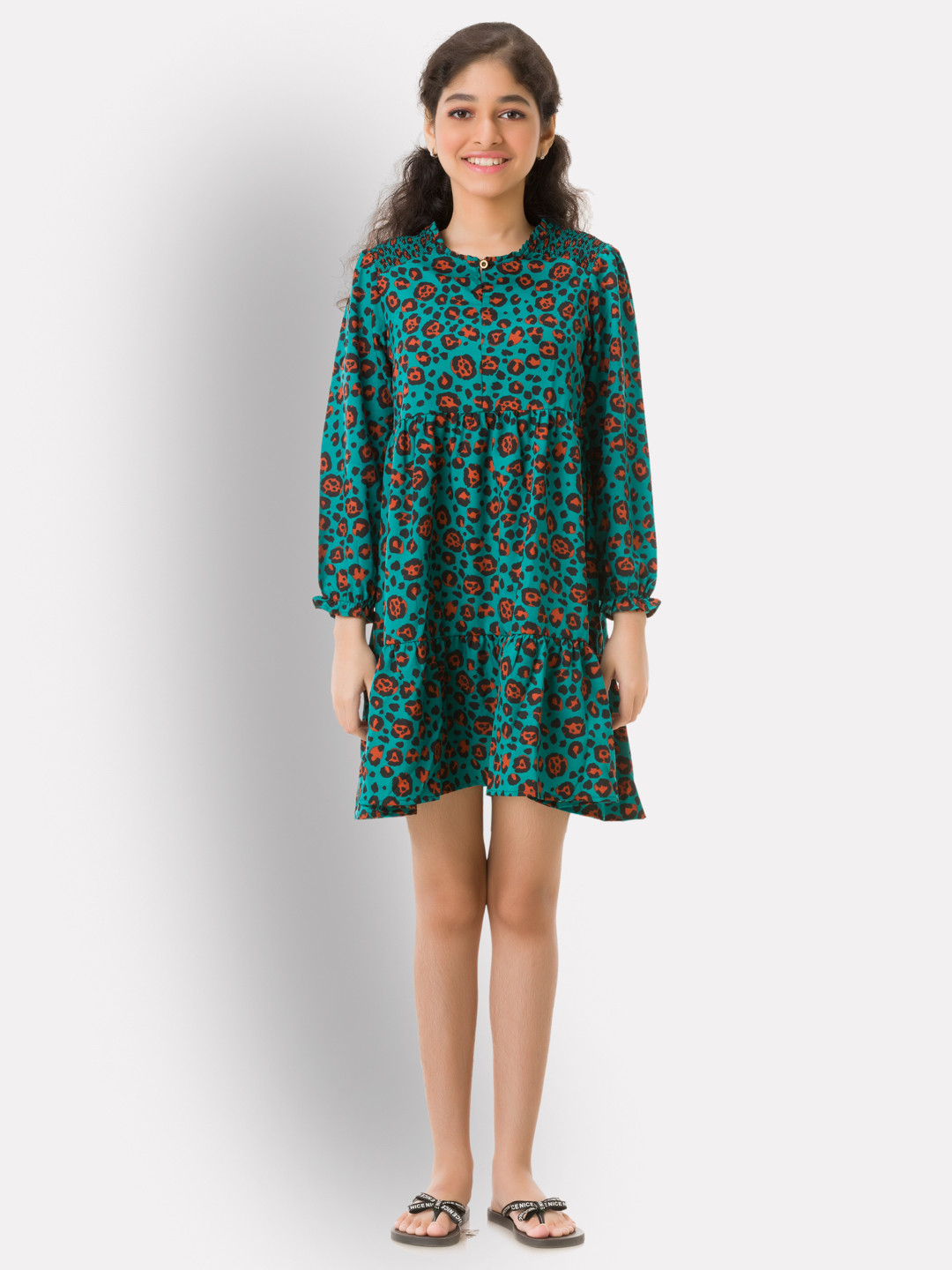 Uptownie Lite Girls Green Floral Crepe A-Line Dress