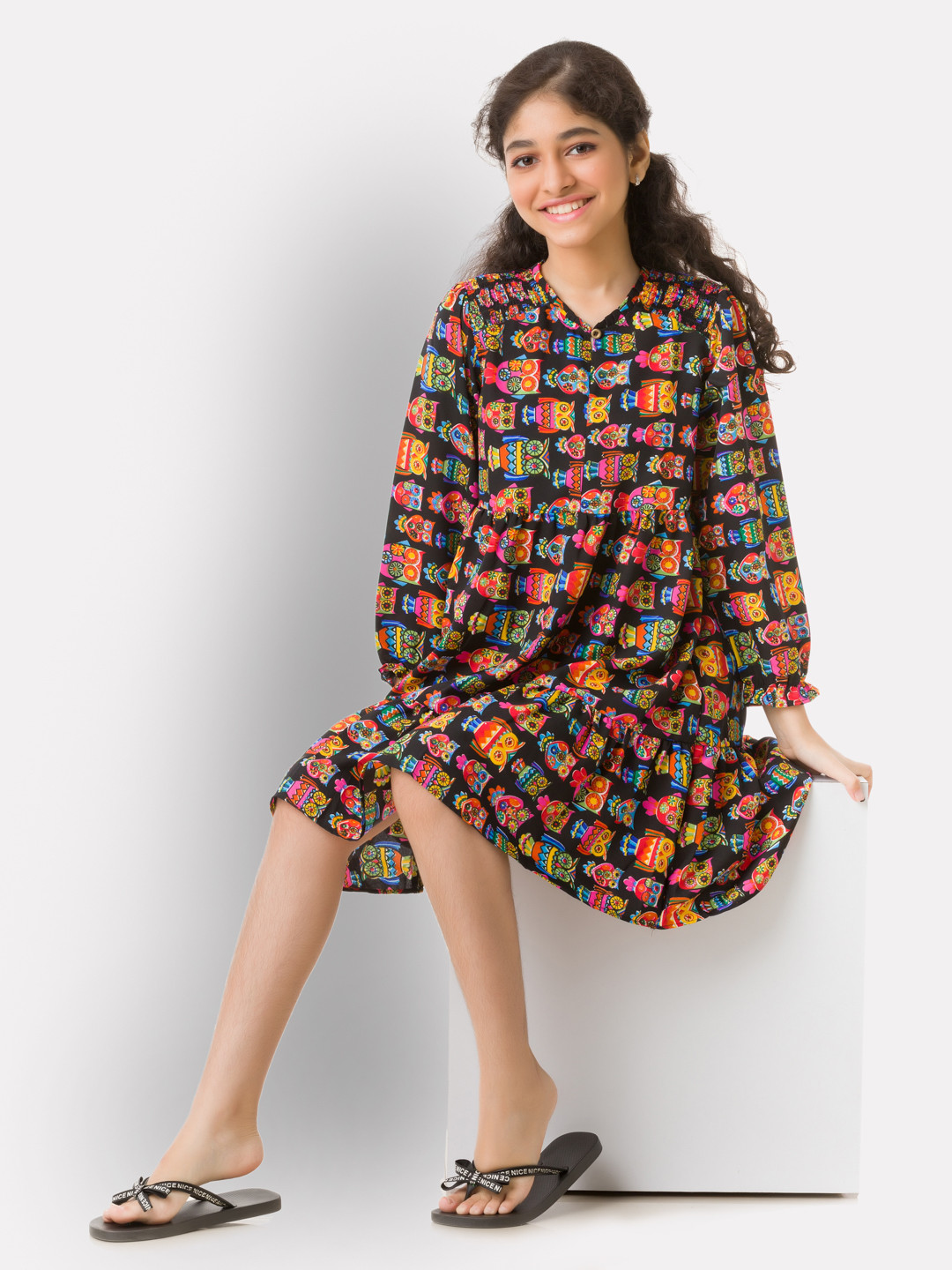 Uptownie Lite Black & Pink Crepe Tiered A-Line Dress