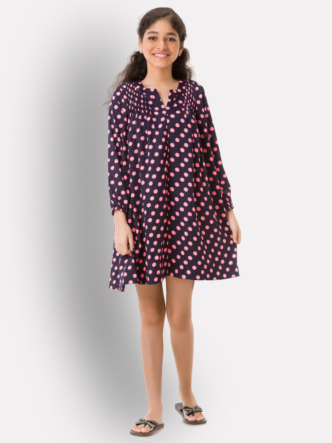 Uptownie Lite Girls Black & Pink Polka Dot Knee Length Crepe A-Line Dress