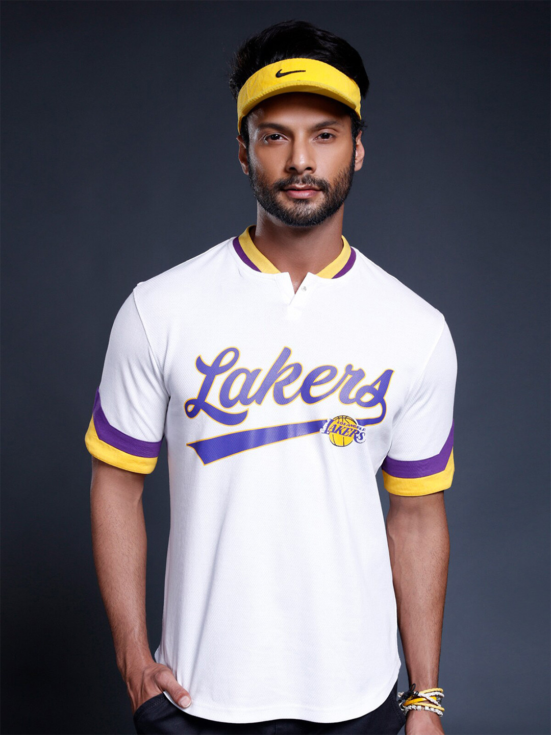 NBA Men White & Blue Typography Los Angeles Lakers Printed Henley Neck Loose T-shirt