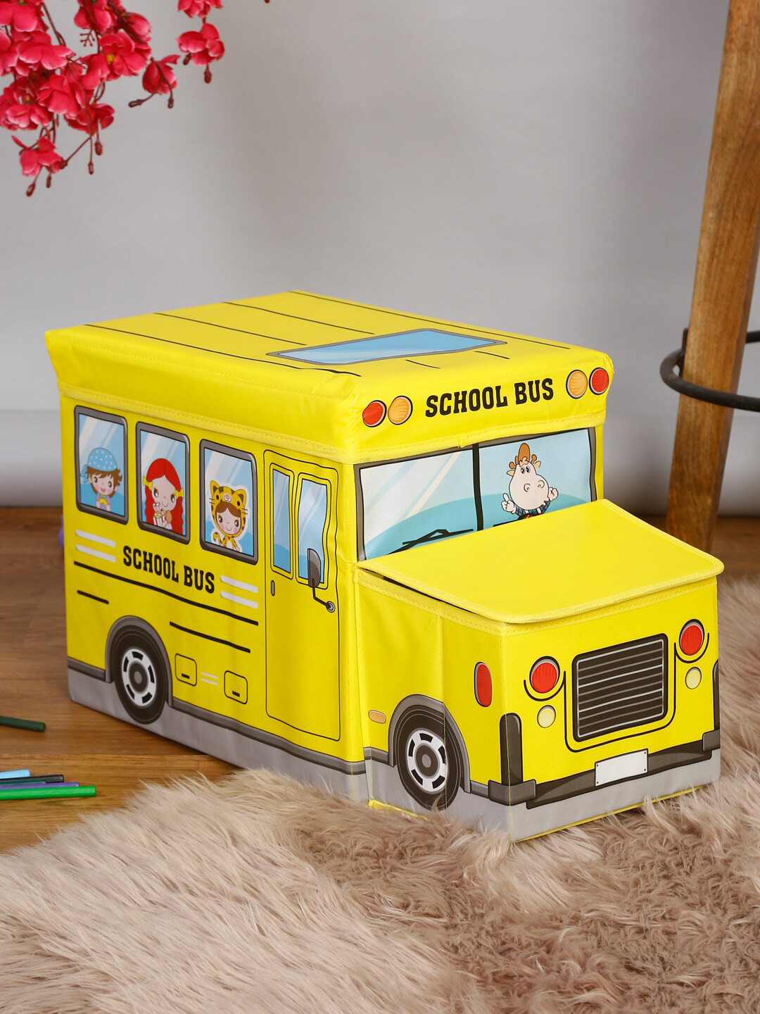 HOSTA HOMES YELLOW PVC PRINTED BUS SHAPED STOOL CUM STORAGE ORGANISER
