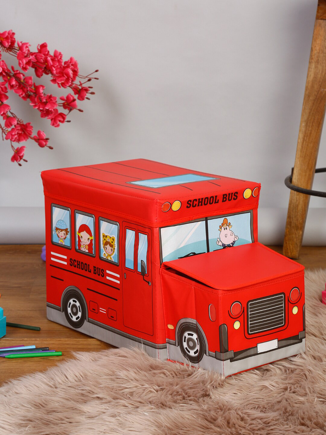 HOSTA HOMES Kids Red Bus-Shaped Solid Stool Cum Storage Organiser