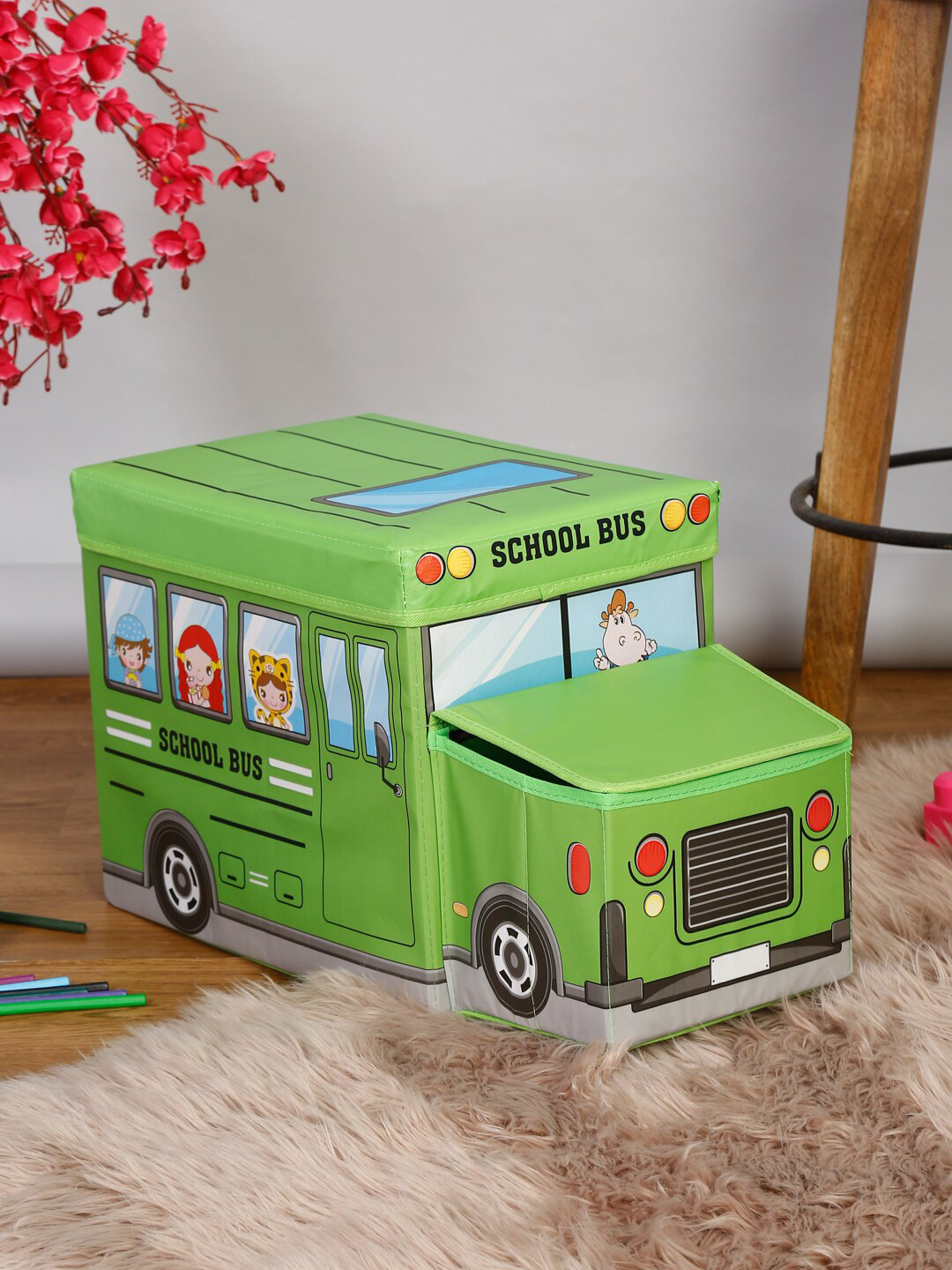 HOSTA HOMES Infant Green Bus Shaped Stool Cum Storage Organiser
