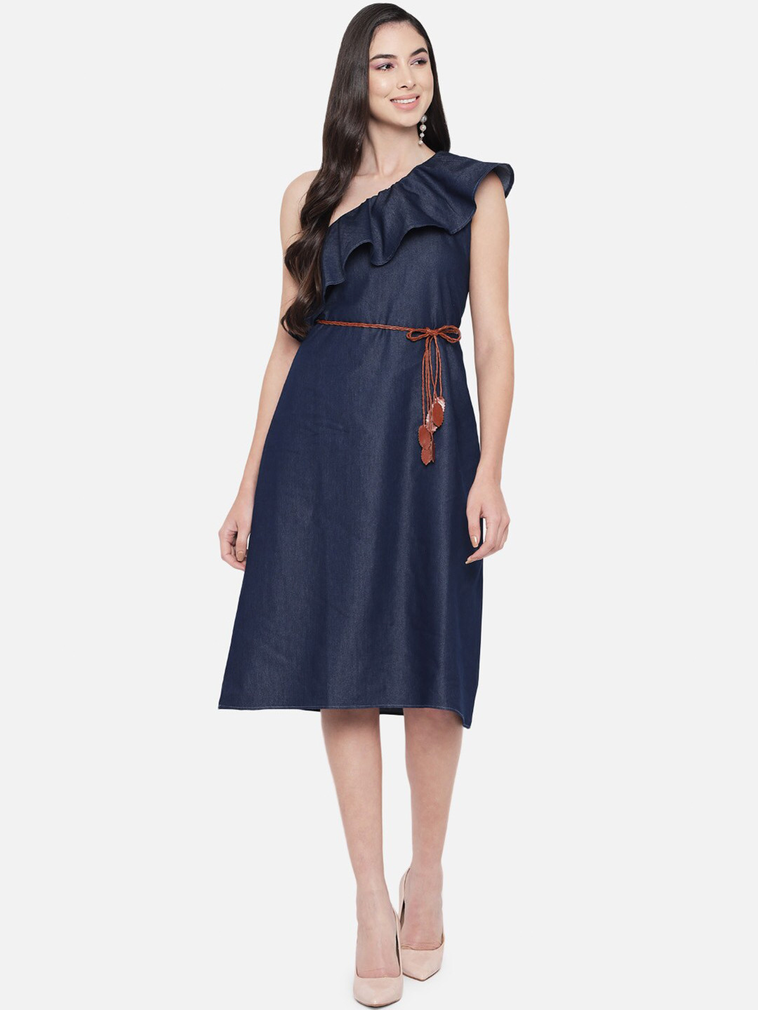 Orchid Blues Women Blue One Shoulder Cotton Dress