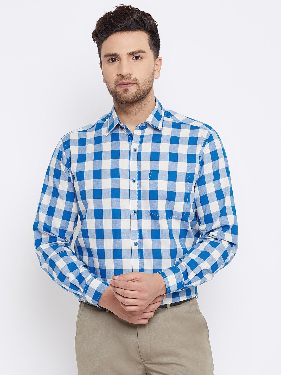 D Kumar Men Blue Standard Gingham qChecked Formal Cotton Shirt