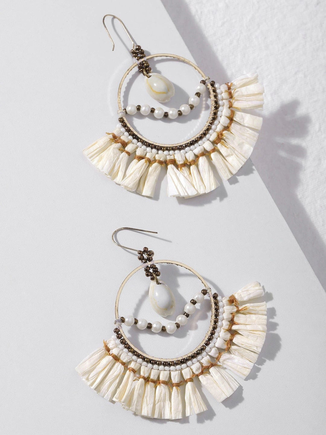 DEEBACO Cream-Coloured Raffia Beaded Hoop Earrings