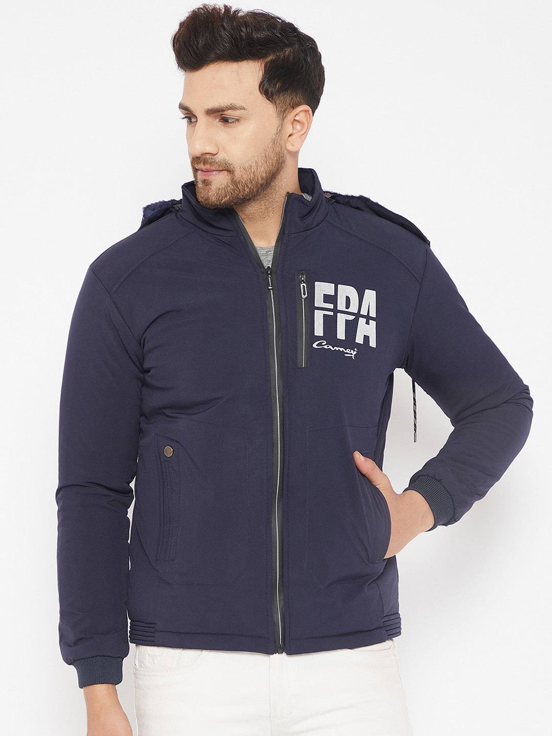 Camey Men Navy Blue White Lightweight Bomber Jacket
