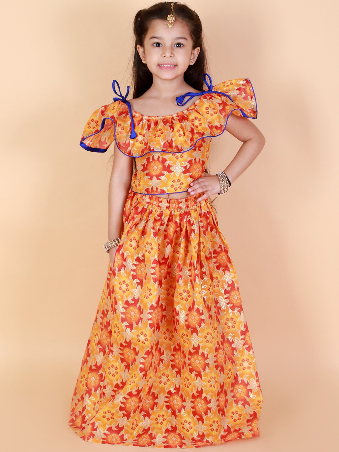 KID1 Girls Yellow & Red Floral Printed Ready to Wear Silk Pavda Pattu