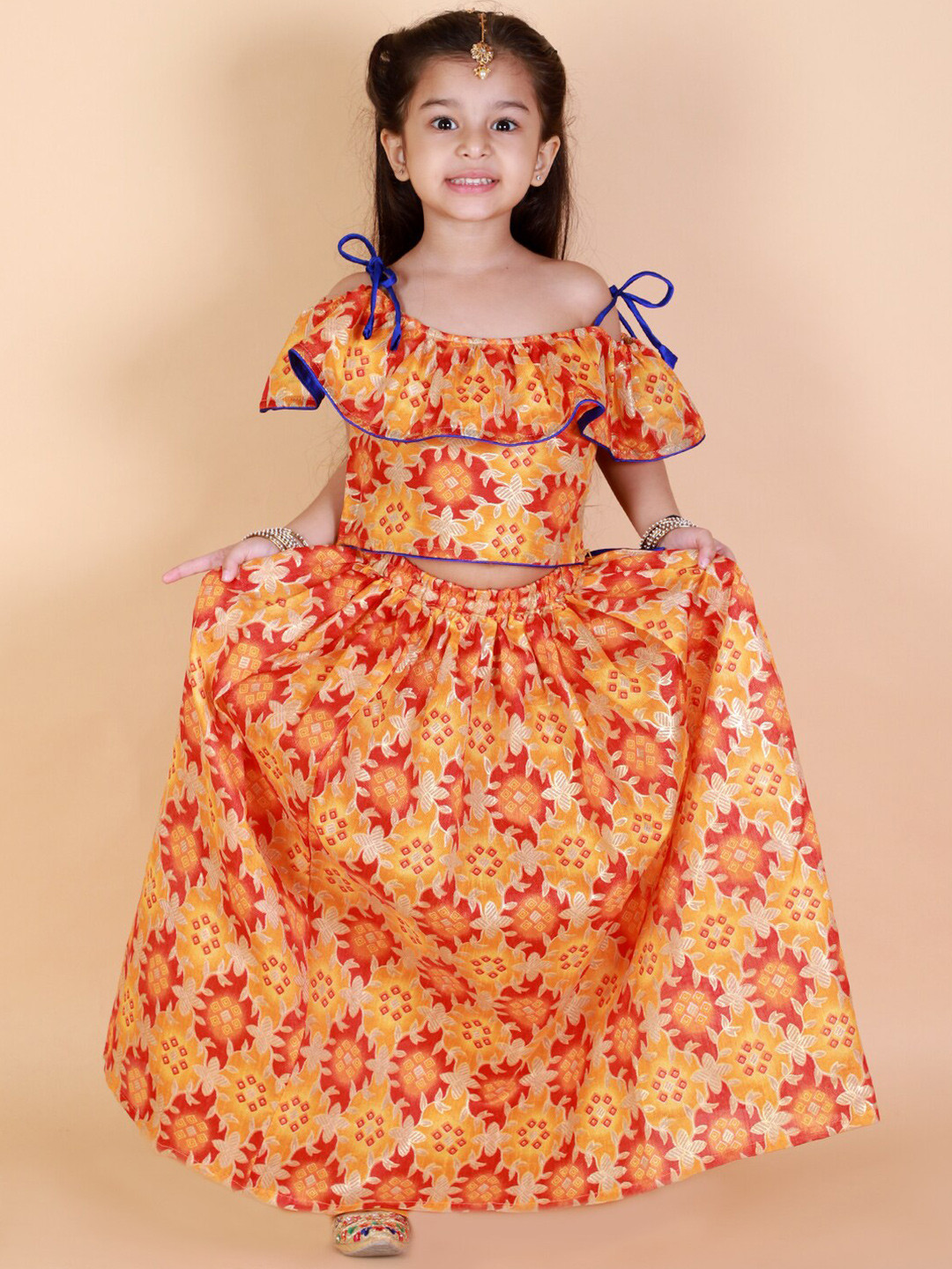 KID1 Girls Yellow & Red Floral Printed Ready to Wear Silk Pavda Pattu