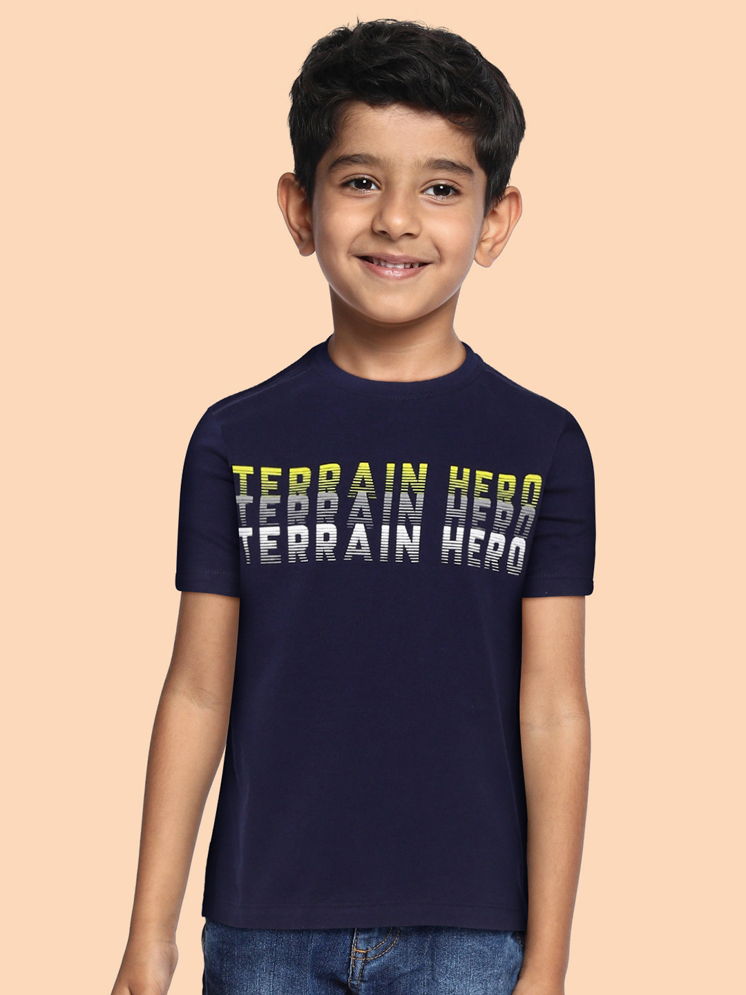 Indian Terrain Boys Navy Blue & White Typography Printed Pure Cotton T-shirt