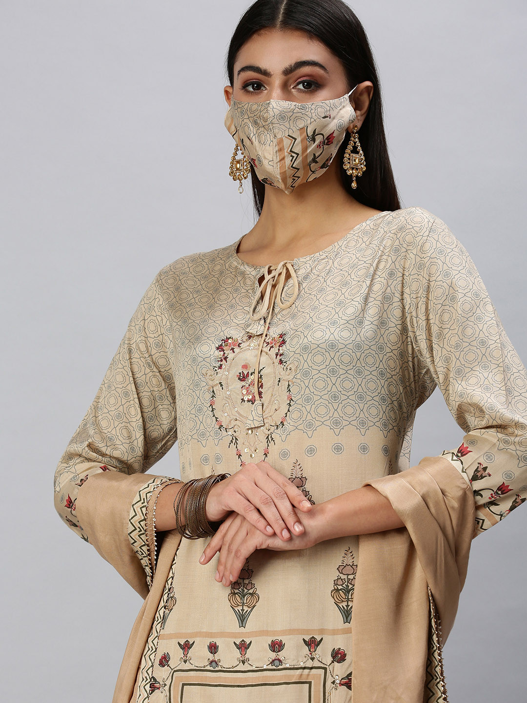 SHOWOFF Women Beige Floral Printed Kurta Set With Dupatta