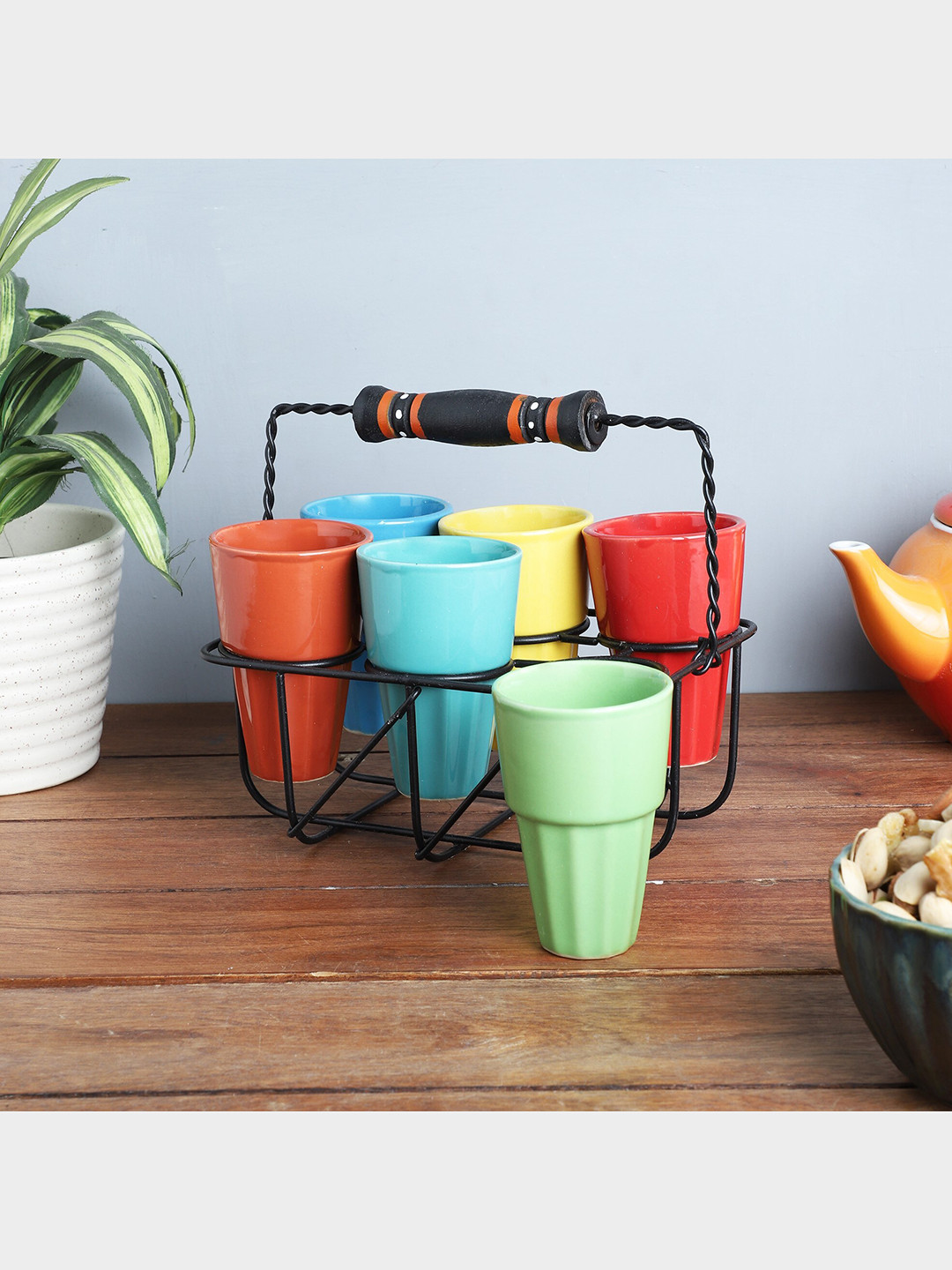 The Decor Mart Red Ceramic Microwave Safe 6 Tea Glass with Stand-200ml