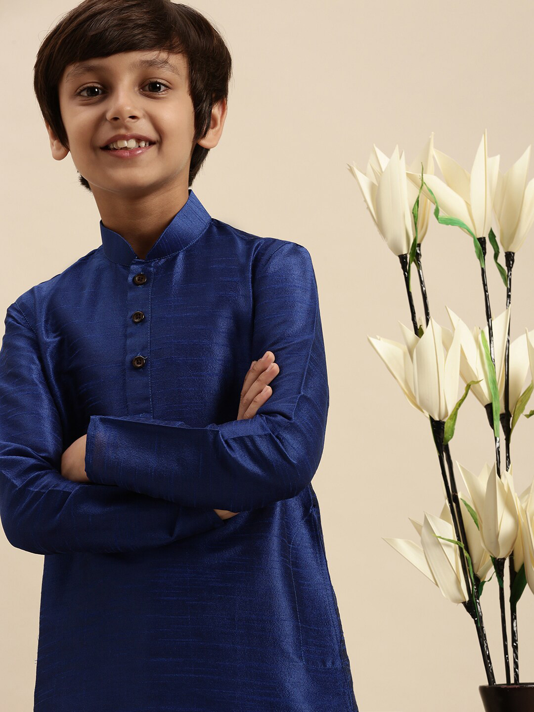 Here&Now X Sanwara Boys Navy Blue & Off White Art Silk Kurta with Pyjamas