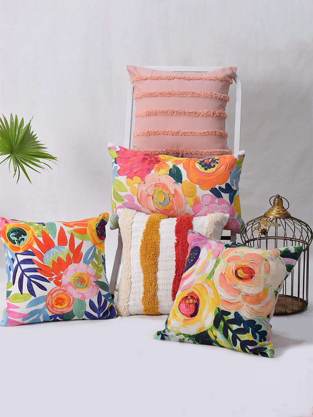 BLANC9 Pink & Blue Set of 5 Floral Cotton Square Cushion Covers