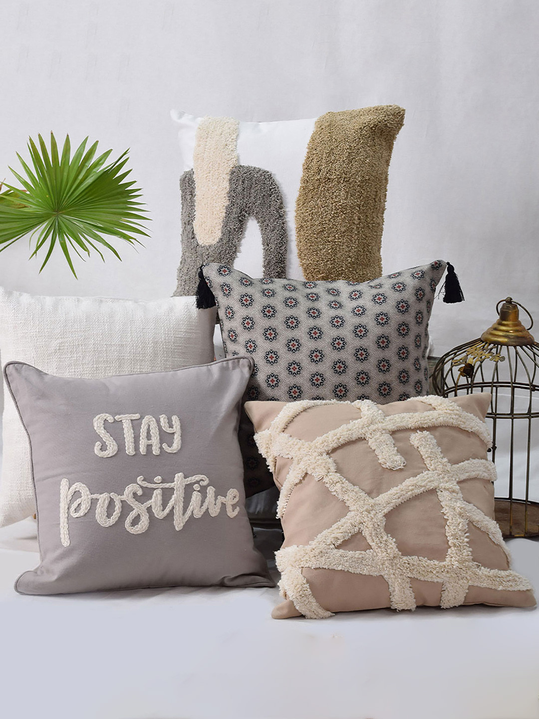 BLANC9 Berlin Embroidered Cotton 5 Pcs Square Cushion Covers - 15.7 x 15.7 In