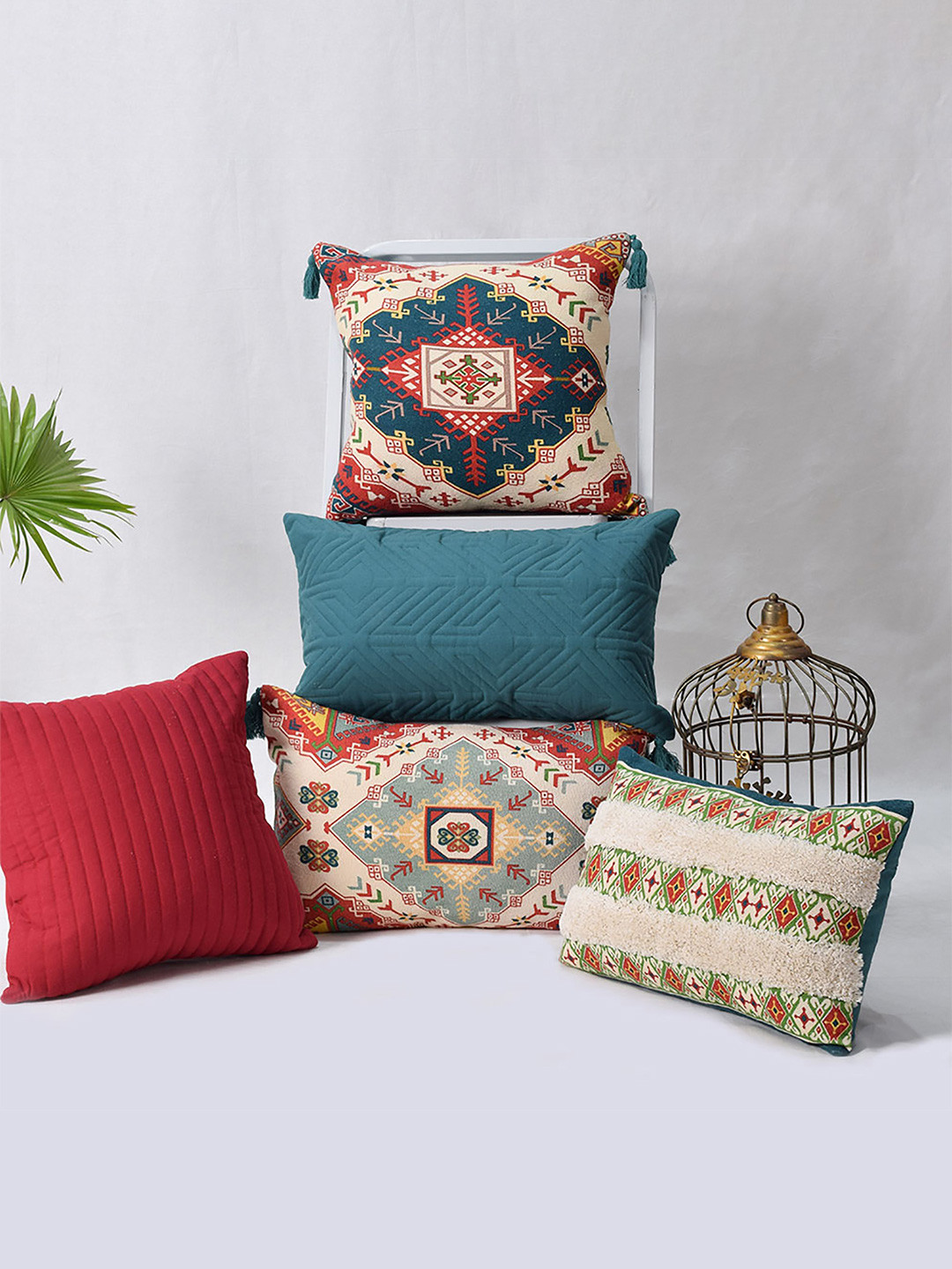 BLANC9 Green Ethnic Motifs Cotton 5 Piece Textured Square Cushion Covers -16x16In
