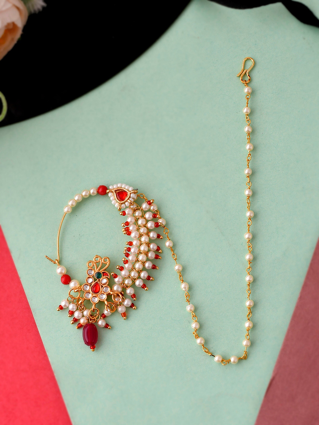 Silvermerc Designs Gold-Plated Red Stone-Studded White Pearl Beaded Meenakari Chained Nose Ring
