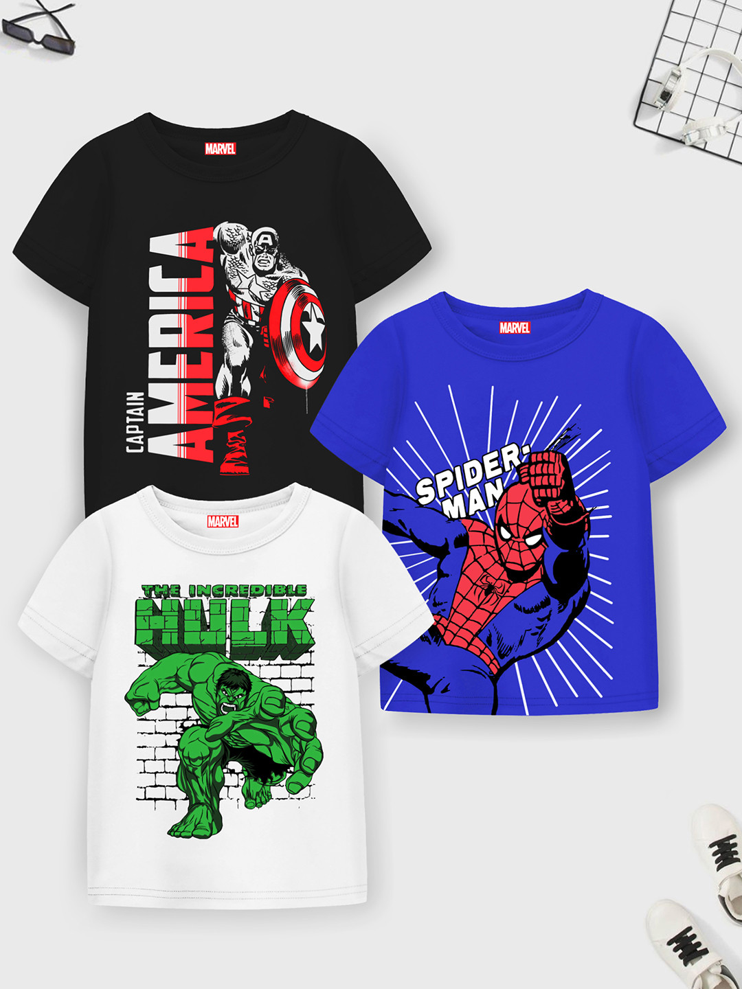 YK Marvel Boys Pack Of 3 Captain America Spiderman & Hulk Printed Cotton T-shirts