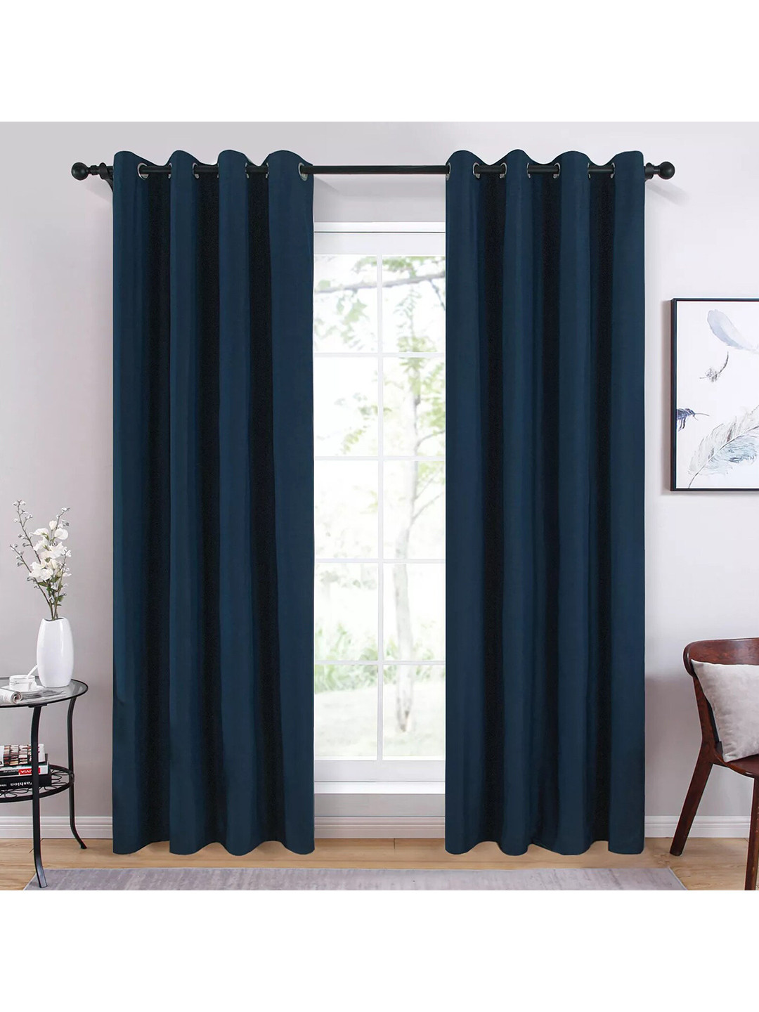 STYBUZZ Blue Set of 2 Satin Black Out Door Curtain