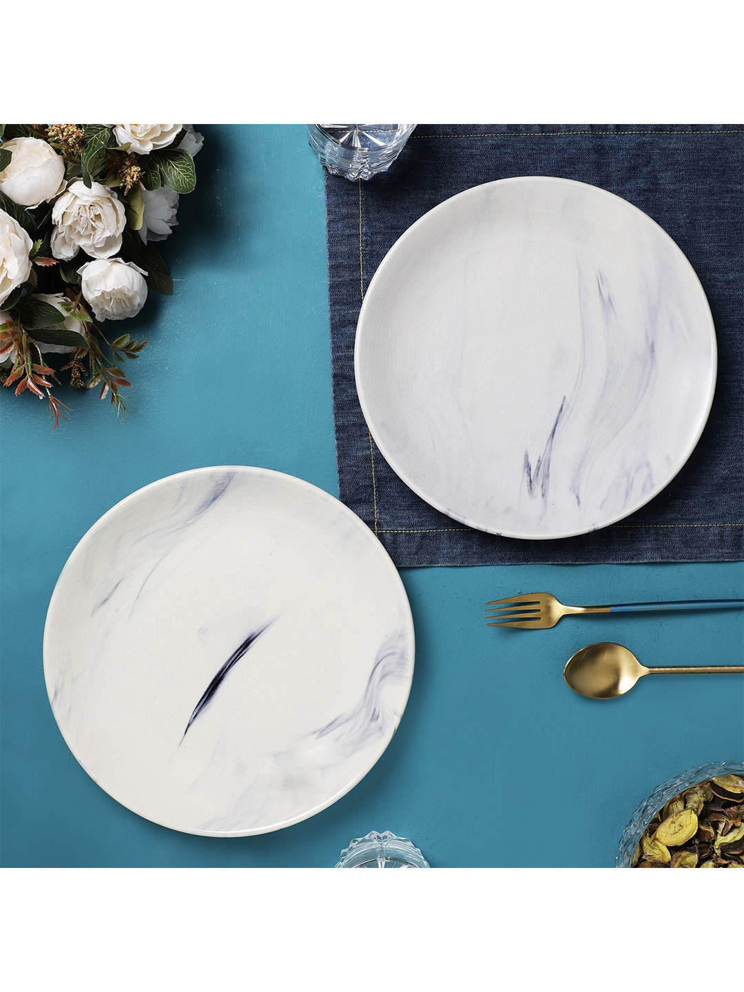 The Decor Mart White & Grey 4 Pieces Printed Ceramic Glossy Marble finish Dinner Plates