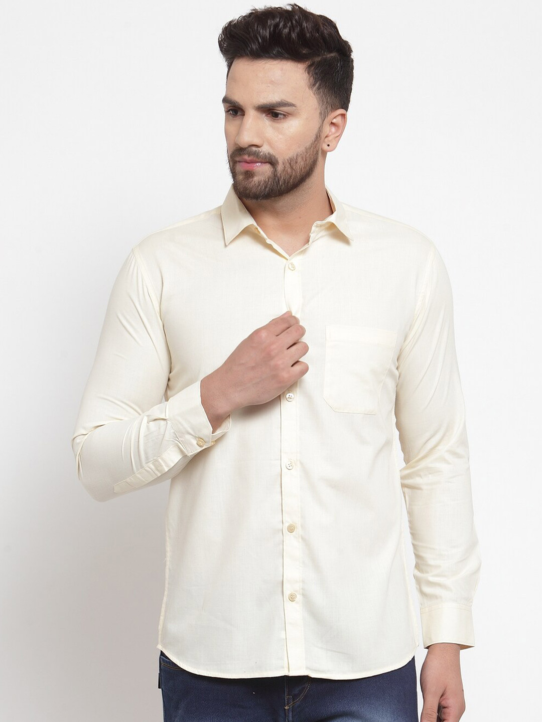 JAINISH Men Cream-Coloured Classic Pure Cotton Casual Shirt