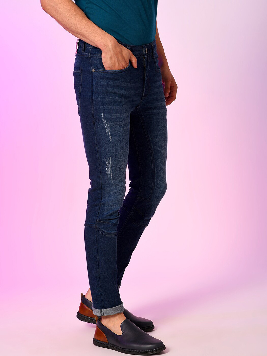 Campus Sutra Men Navy Blue Smart Slim Fit Mildly Distressed Light Fade Stretchable Jeans