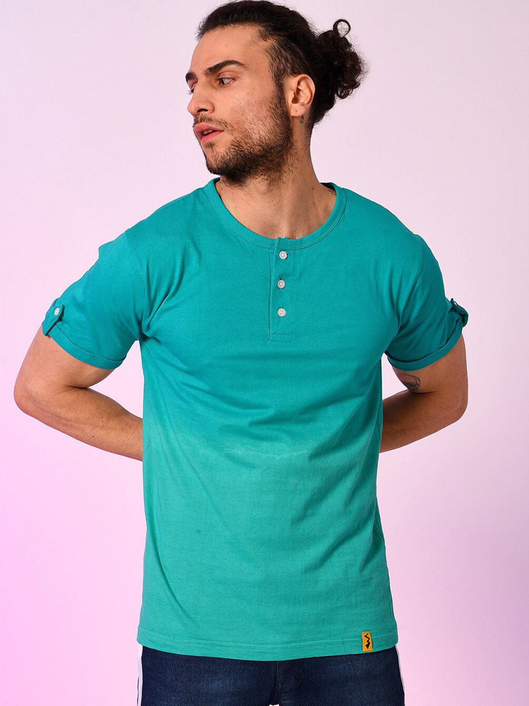Campus Sutra Men Sea Green Henley Neck Short Sleeves T-shirt