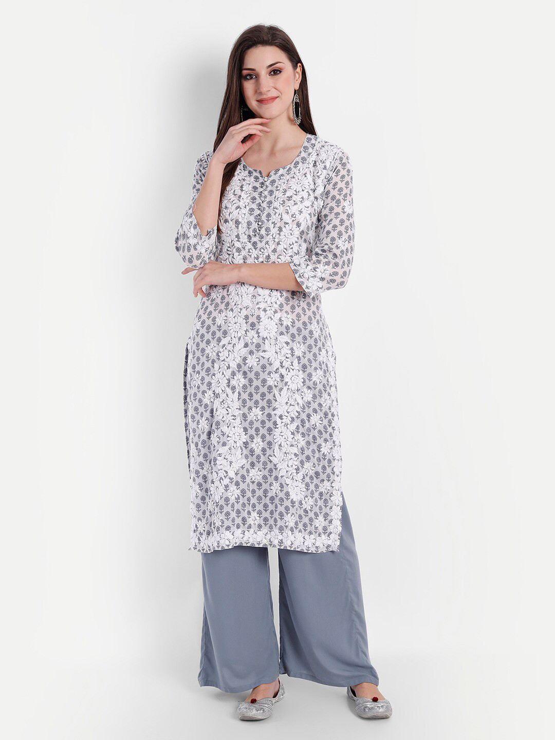 Indiankala4u Women Grey & White Floral Printed Chikanakri Embroidered Kurta