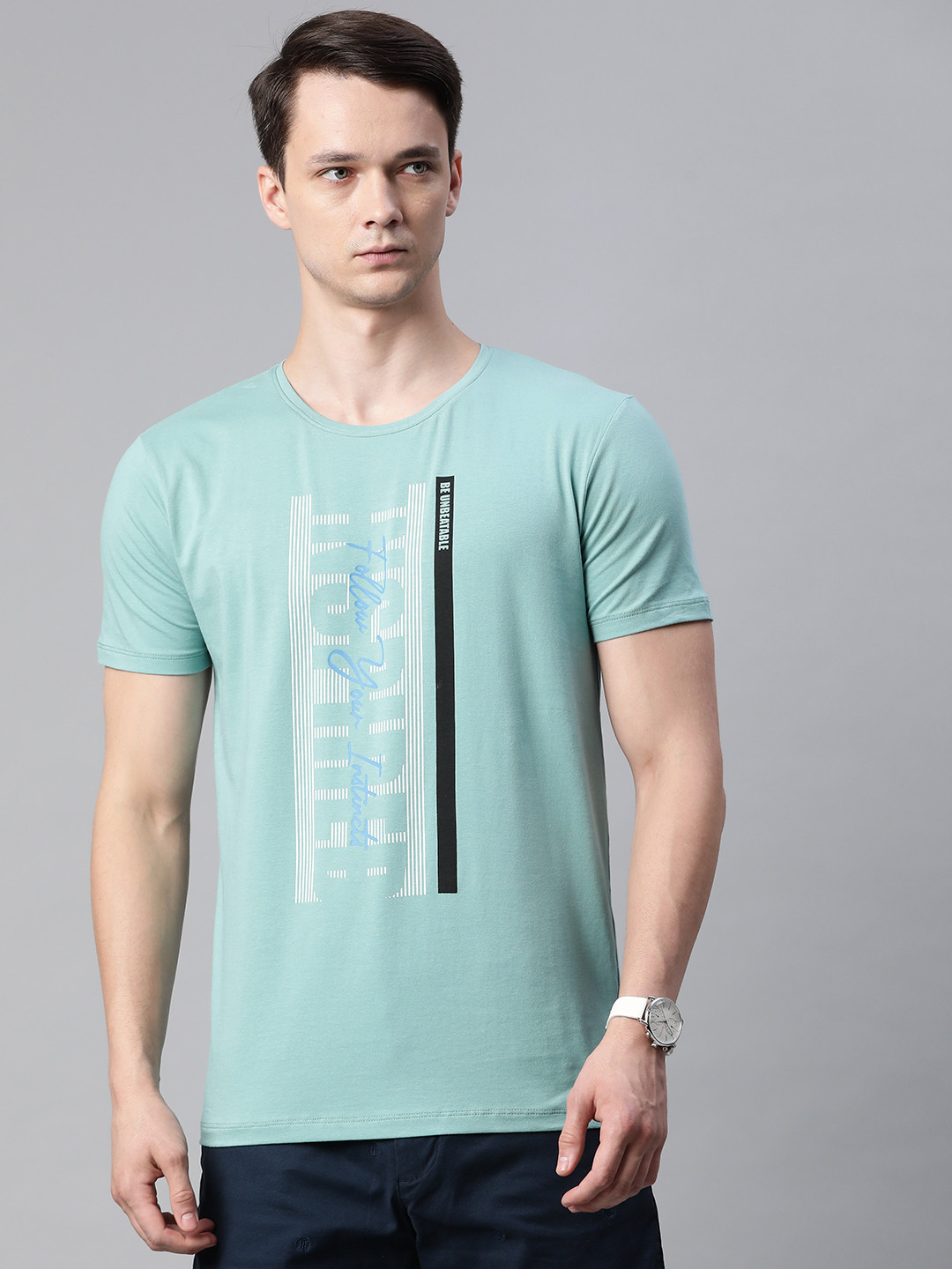Pierre Carlo Men Green & White Typography Printed T-shirt