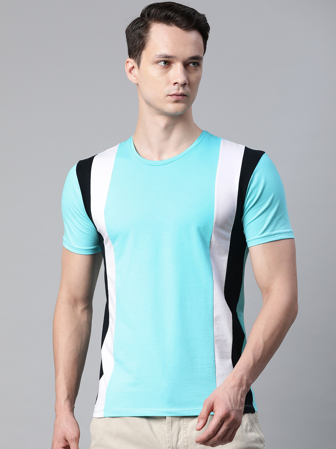 Pierre Carlo Men Turquoise Blue & Black Striped T-shirt