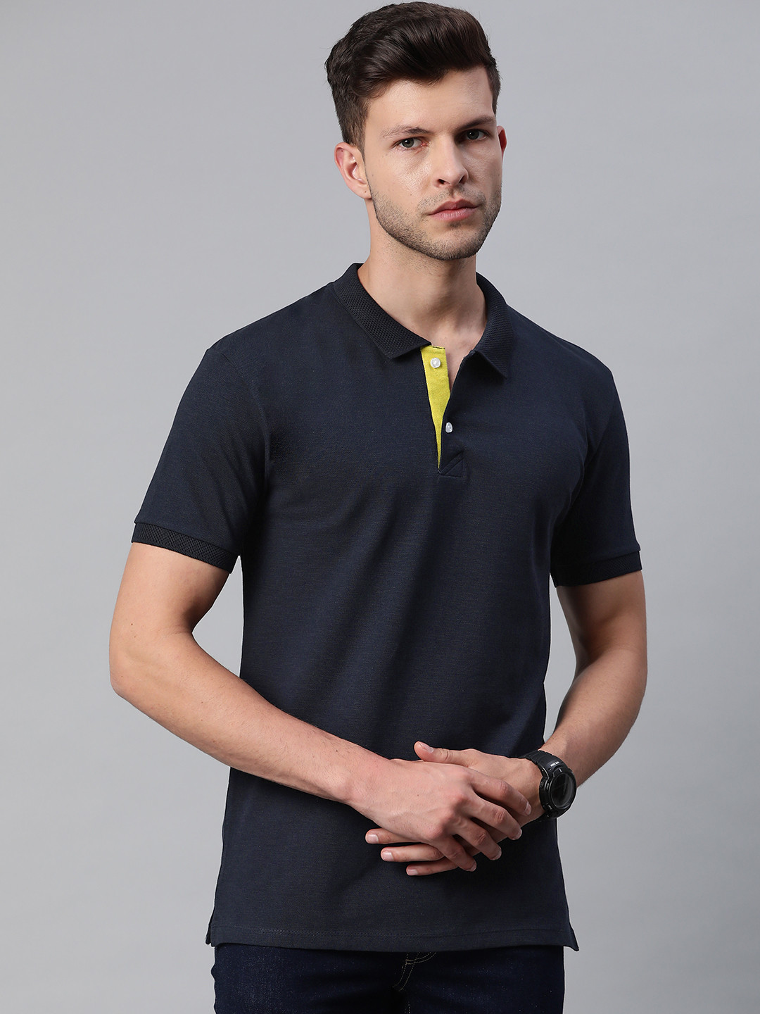 Pierre Carlo Men Navy Blue Solid Polo Collar T-shirt