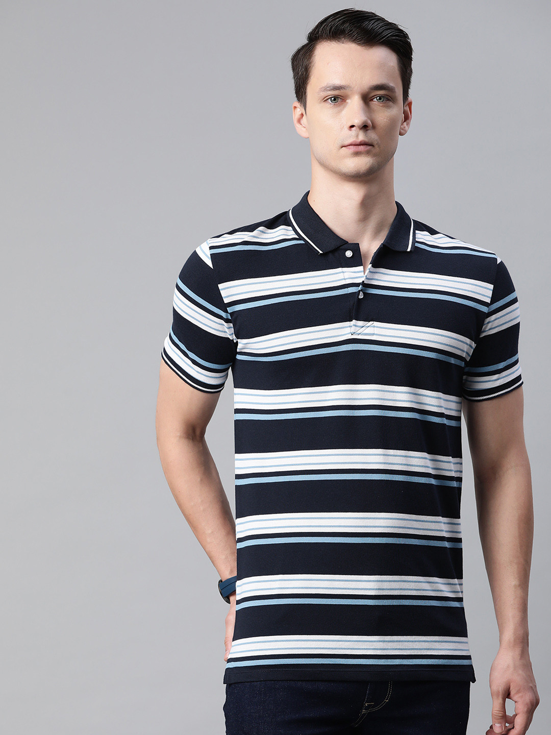 Pierre Carlo Men Navy Blue & White Striped Polo Collar T-shirt