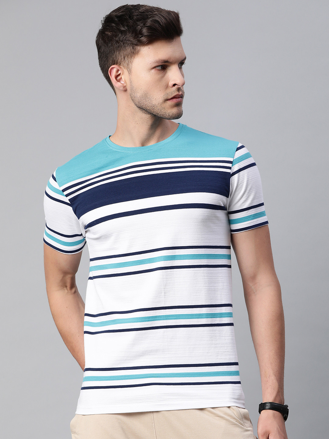 Pierre Carlo Men White & Blue Striped T-shirt