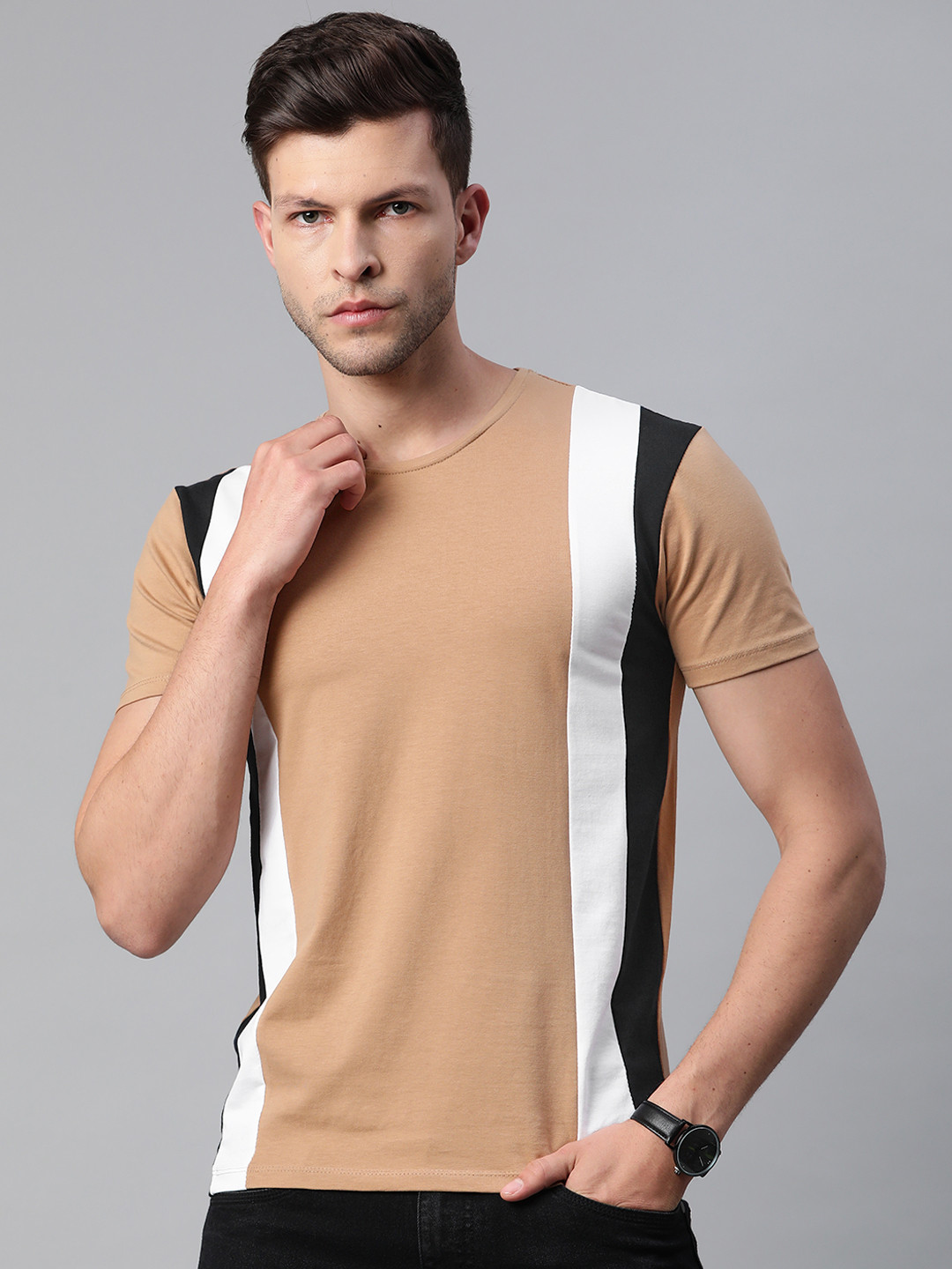 Pierre Carlo Men Beige & White Striped Detail T-shirt