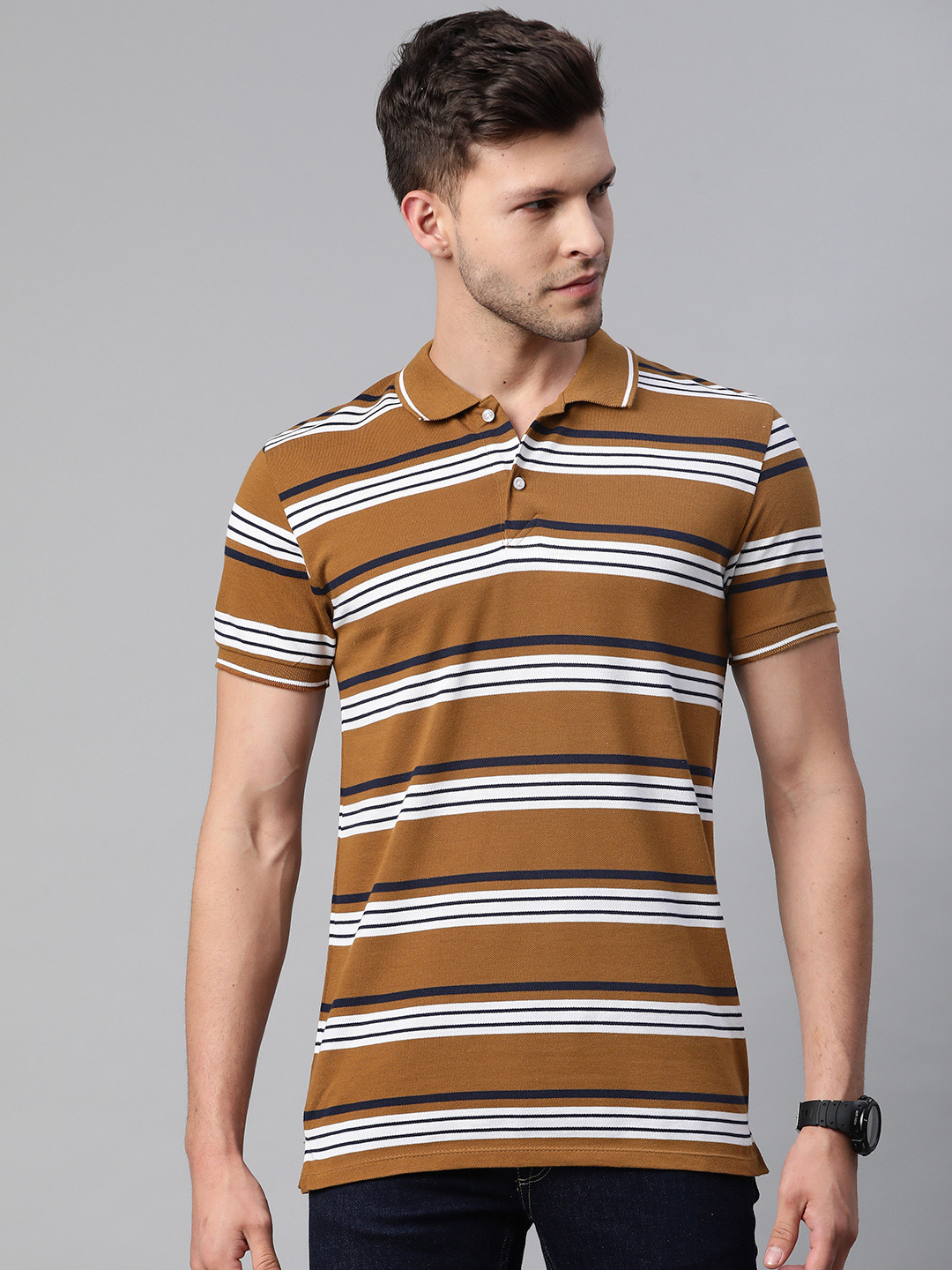 Pierre Carlo Men Mustard Brown & White Striped Polo Collar T-shirt